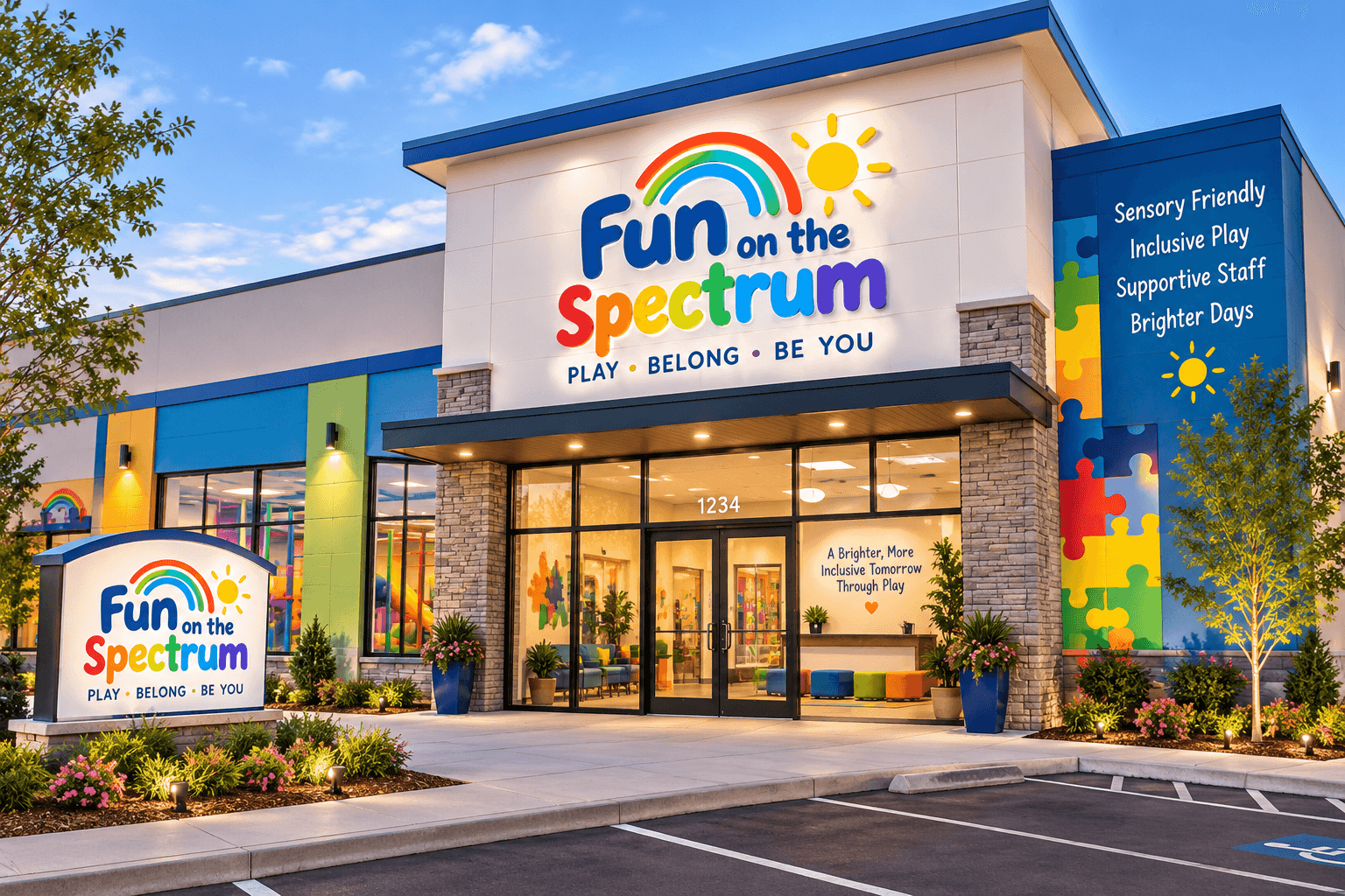 Colorful "Fun on the Spectrum" center featuring rainbow logos and inclusive play signage outdoors.