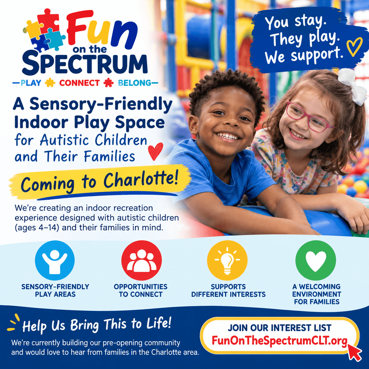 Flyer for Fun on the Spectrum, a sensory-friendly indoor play space coming to Charlotte.