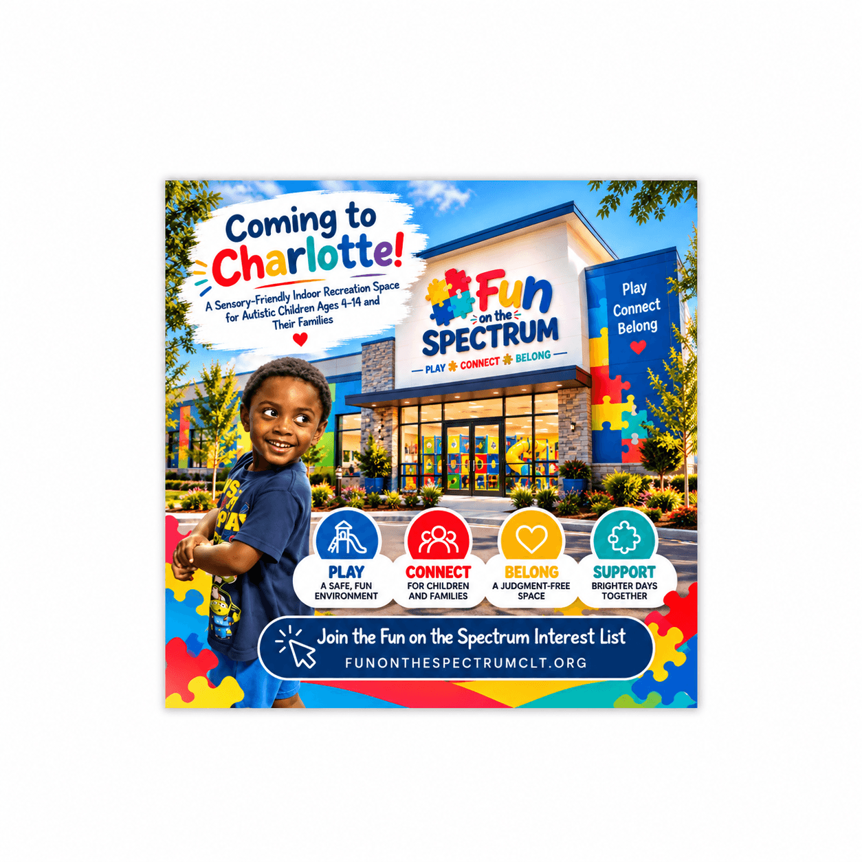 Advertisement for Fun on the Spectrum, a sensory-friendly indoor recreation space coming to Charlotte.