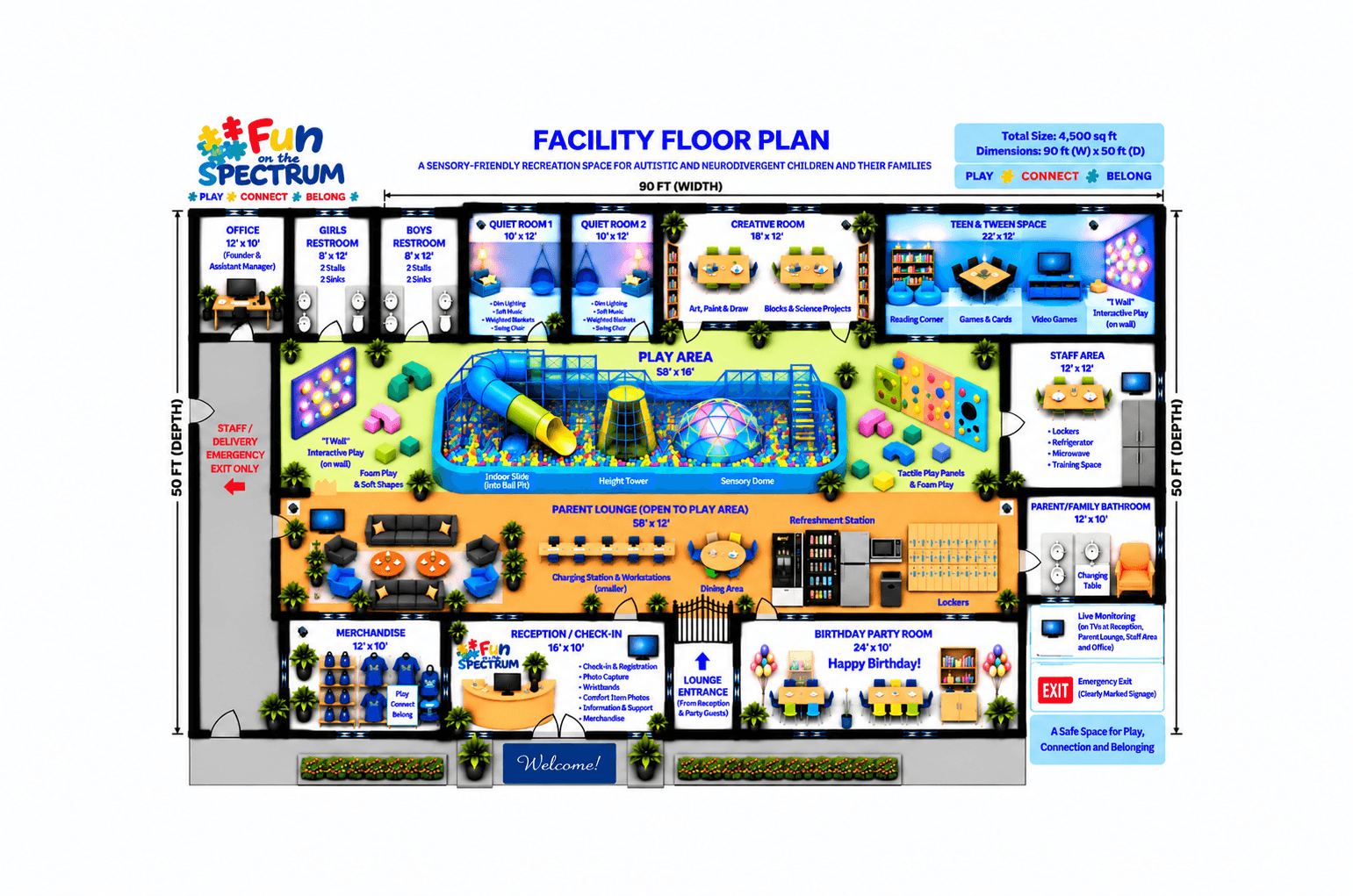 Detailed floor plan of a sensory-friendly recreation facility for neurodivergent children and their families.