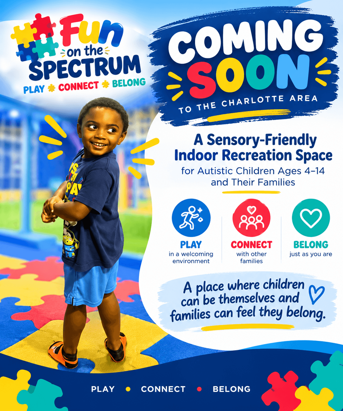 Smiling boy on a flyer for Fun on the Spectrum, a sensory-friendly space in Charlotte.