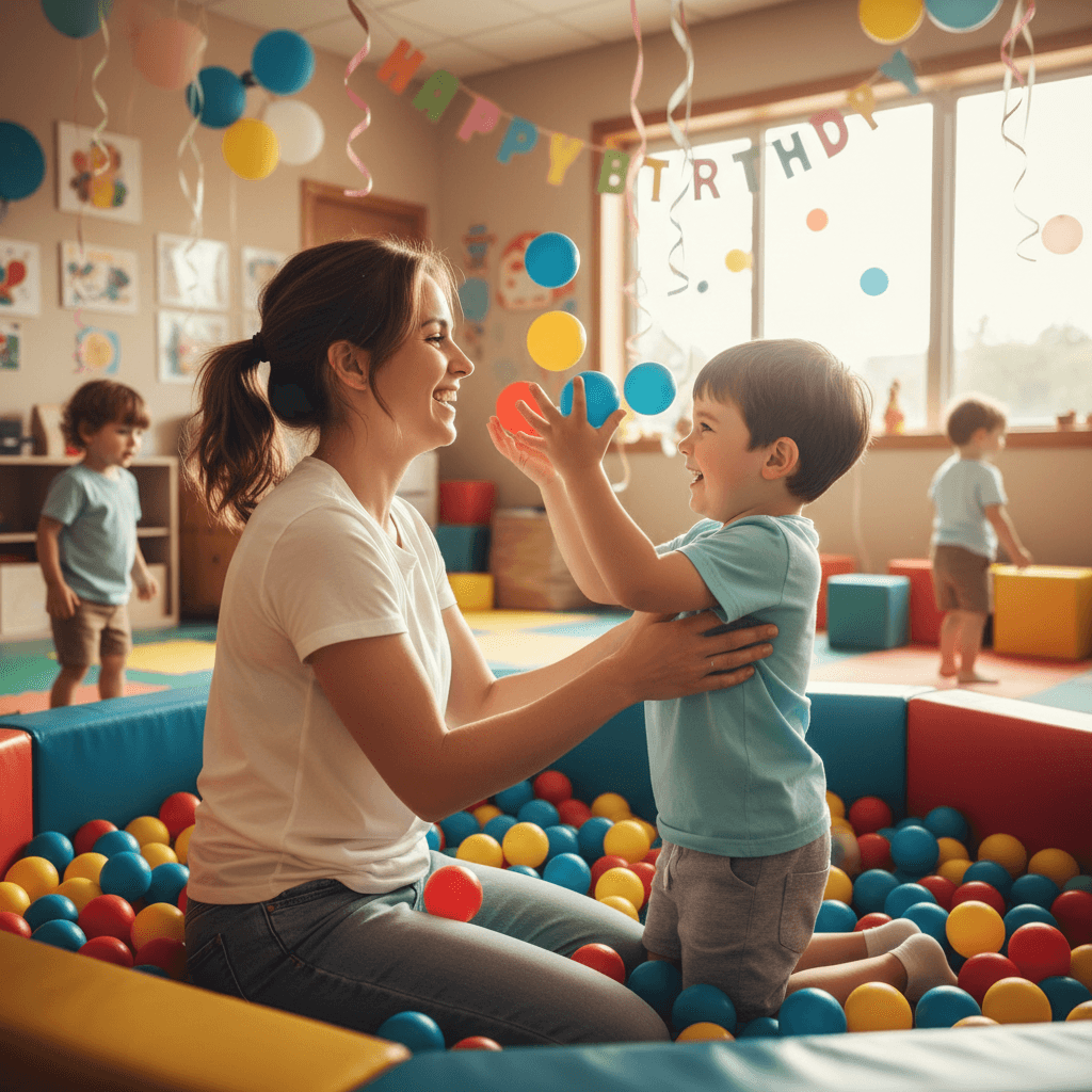 Parent and child playing together at a birthday party