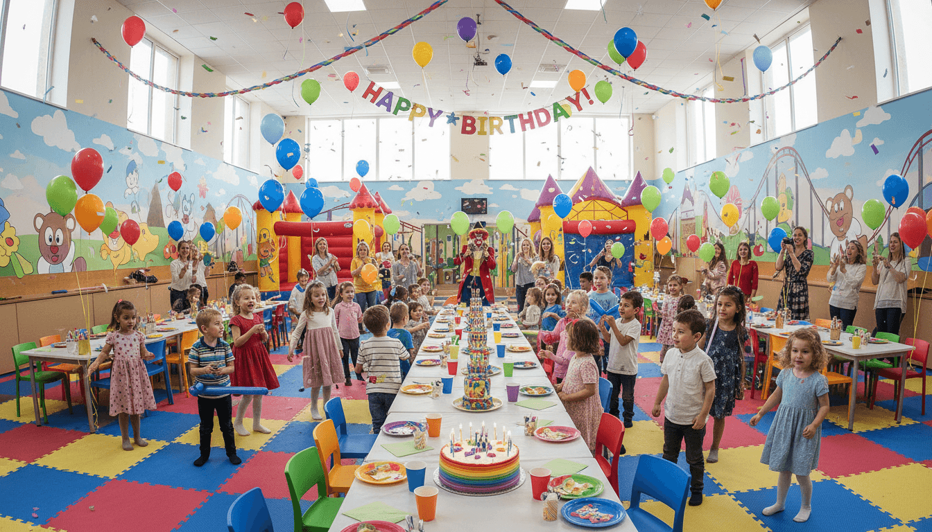 Bright indoor party with laughing children, balloons, and festive decorations.
