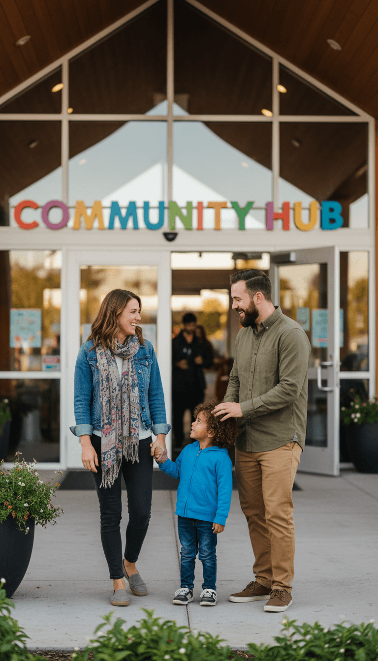 Parents talking near the recreation center entrance