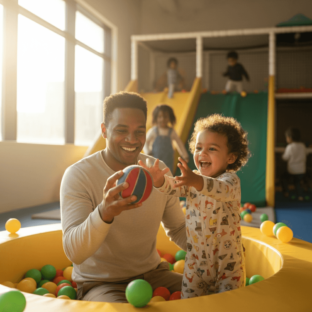 Parent and child playing together in an indoor play area
