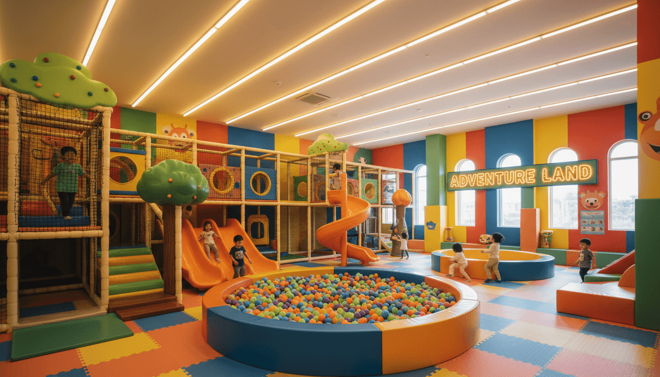 bright colorful indoor play center with soft play equipment for children warm lighting