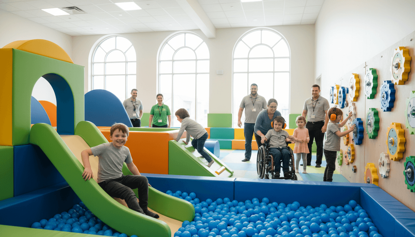 Children playing on colorful foam structures in a sensory-friendly indoor play area.