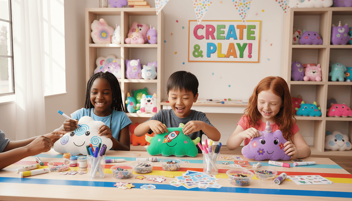 Three diverse children decorating personalized plush toys with markers and patches at colorful craft table