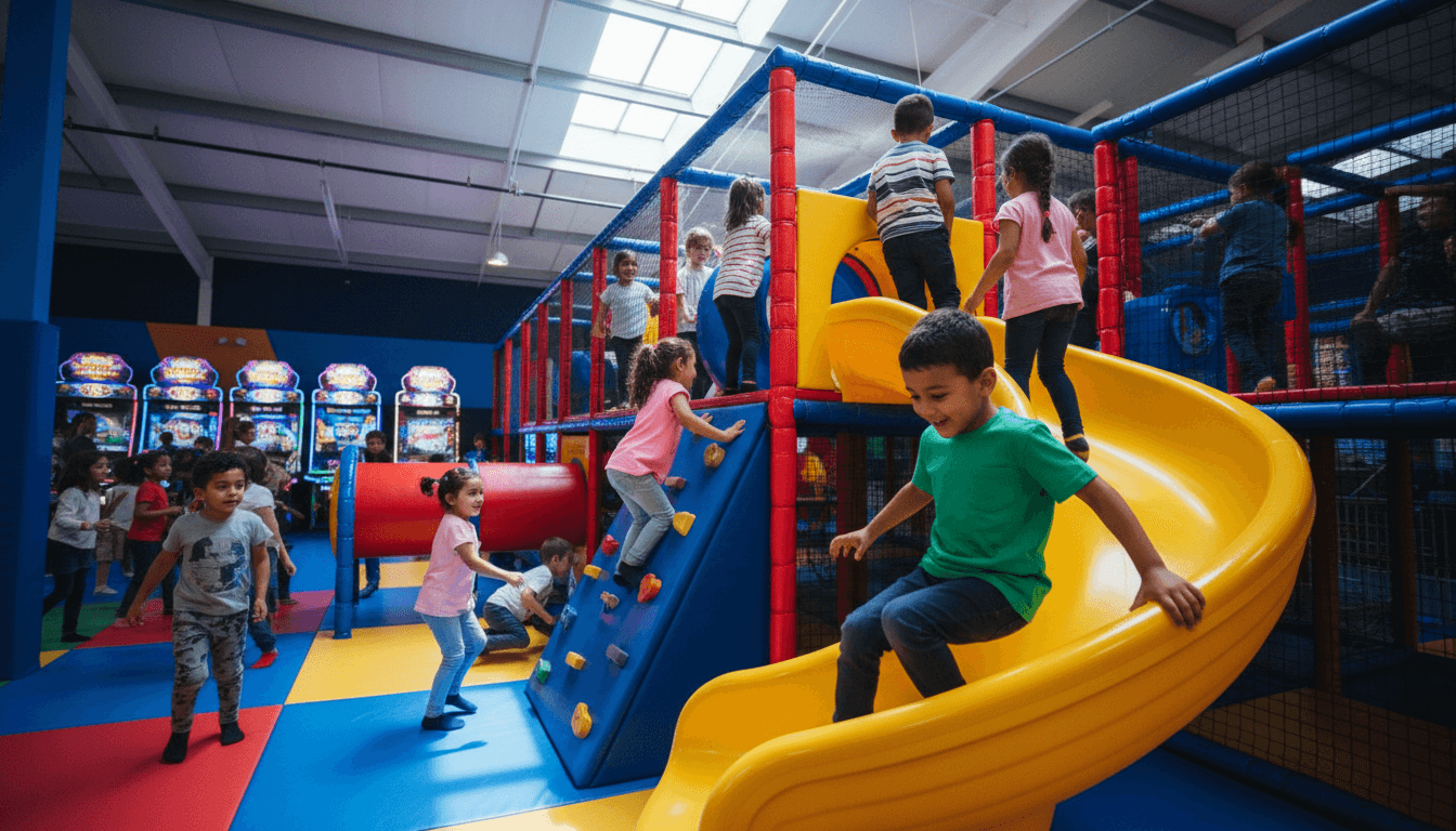 Children of diverse ages actively playing on colorful foam climbing and sliding structures in a bright, spacious indoor play zone