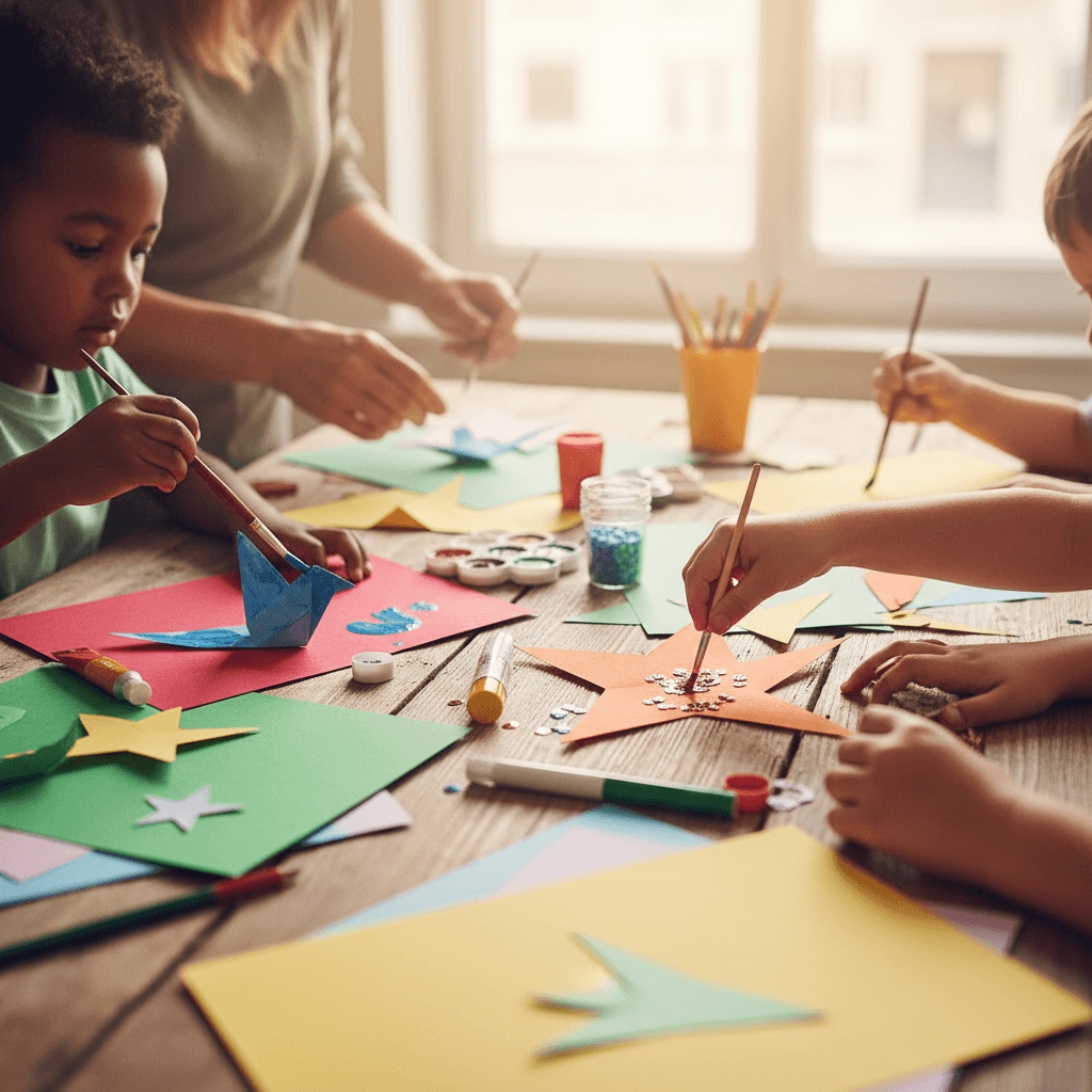 Children's hands painting and decorating colorful crafts together at a wooden table with art supplies during creative workshop