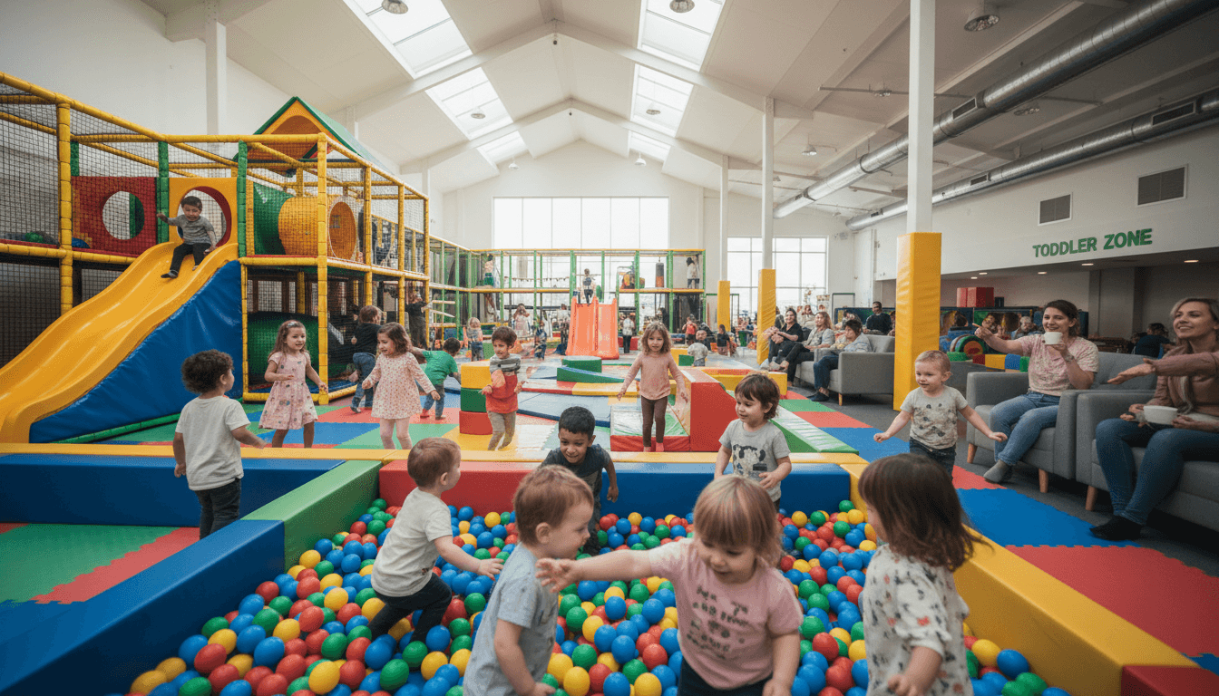 Children of diverse backgrounds playing together in bright indoor facility with colorful ball pit, slides, and soft play structures