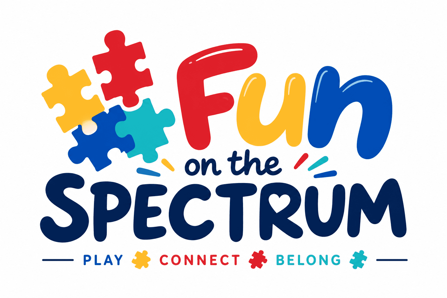 Colorful Fun on the Spectrum logo featuring puzzle pieces and words play, connect, belong.