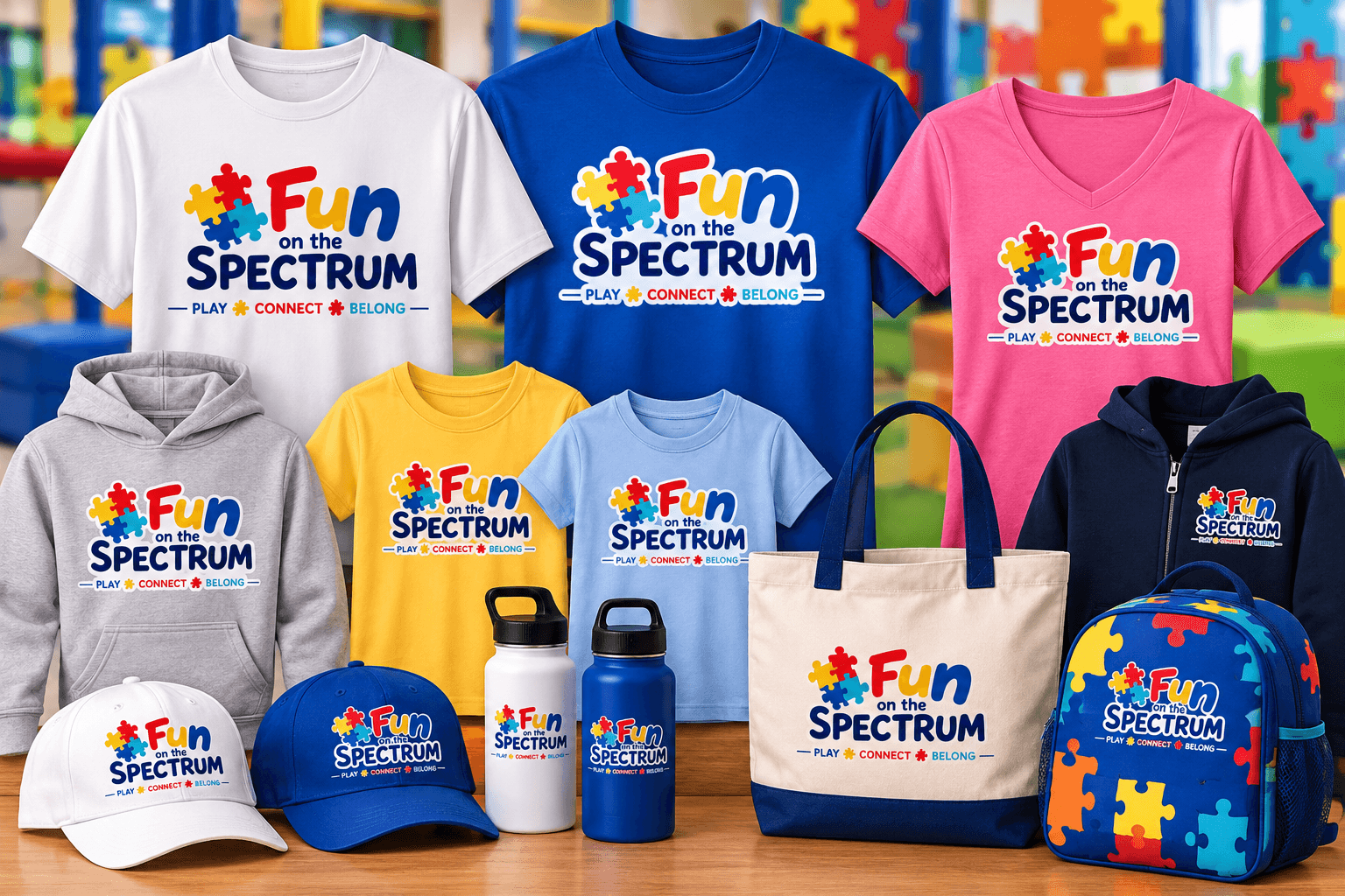 Collection of shirts, hats, and bags featuring the "Fun on the Spectrum" puzzle piece logo.
