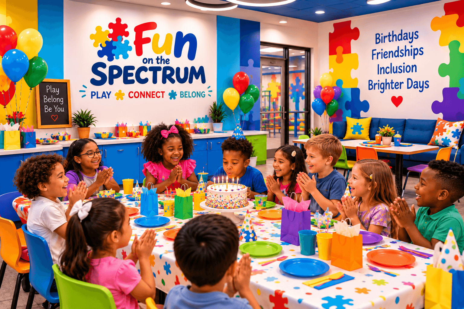 Diverse children cheer as a boy blows out birthday candles in a colorful inclusive room.