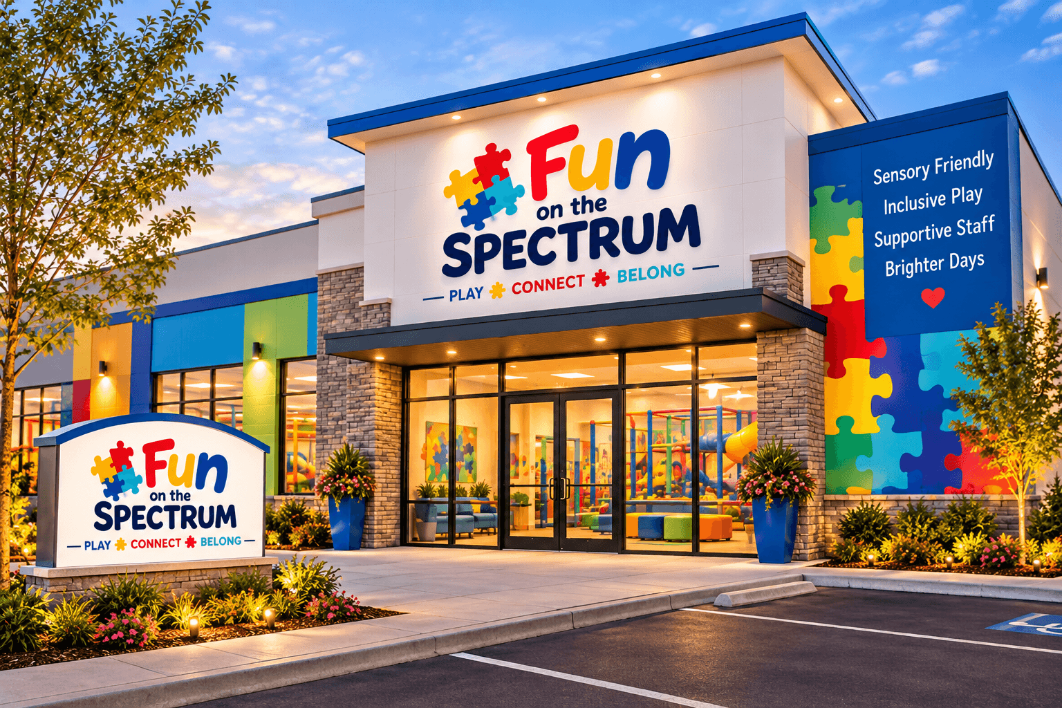 Vibrant exterior of Fun on the Spectrum, a sensory-friendly indoor play center for children.